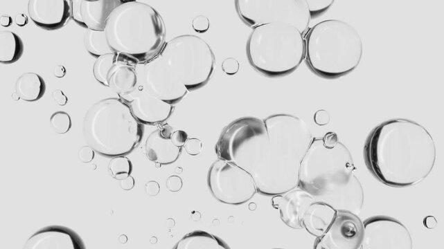 Transparent 3D molecules, liquid water drops, bubbles. Cosmetic products for skin care, hyaluronic. Abstract animation video pattern. Healthcare and medicine designs concept, beauty background.