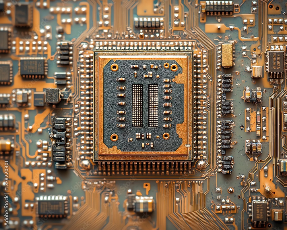 Fototapete integrated circuit microchip closeup on motherboard, silicon wafer electronic component, digital tec