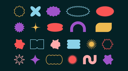 Geometric color abstract different shape sticker set. Graphic elements in minimalist style. Collection figures circle, star, wave blob. Modern design form. Vector illustration on black background