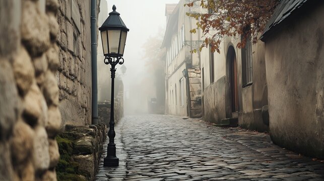 Fototapeta A foggy European cobblestone street lined with old-fashioned lanterns