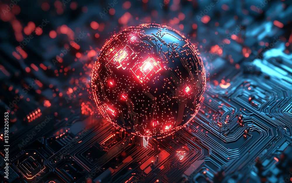 Aufkleber Quantum computing with AI for cybersecurity, abstract glowing sphere on circuit board, futuristic data processing, network defense, advanced tech design