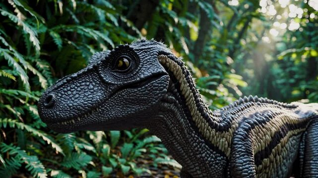 A Velociraptor stands among lush green ferns in a prehistoric jungle. A realistic depiction of a dinosaur's sharp features and aggressive stance, an apex predator