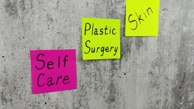 Bright sticky notes with words about taking care of your health. Important reminder on shabby background with words about plastic surgery and skin care. Cosmetology project with simple design