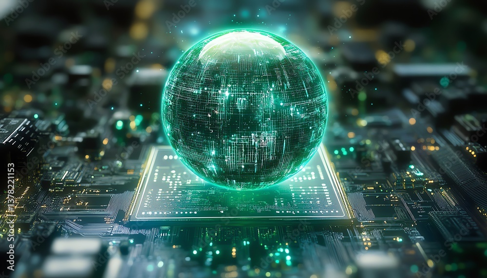 Fototapete Abstract image of quantum computing with AI for cybersecurity, glowing sphere on circuit board, data network defense, futuristic tech design