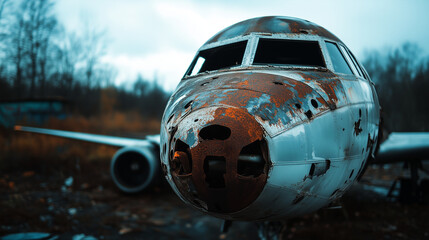 Fototapeta premium The forgotten fuselage of an old warplane, its nose heavily rusted with deep cracks in the peeling paint, abandoned in a desolate airfield