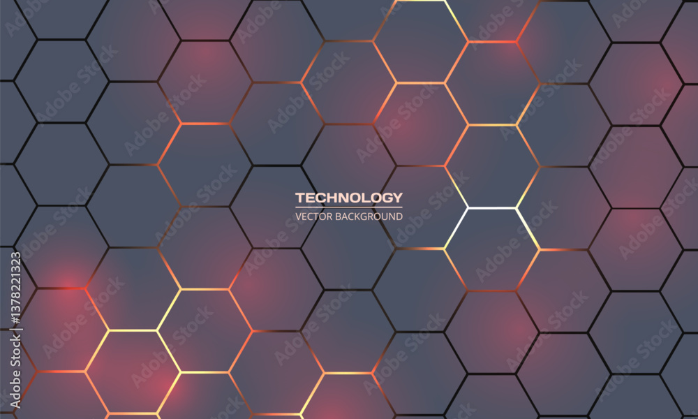 Poster Grey and red hexagon abstract technology background with orange and yellow colored bright flashes. Hexagonal gaming vector abstract tech background.