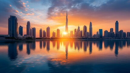 Obraz premium Stunning sunrise cityscape panorama over Dubai skyline reflecting in calm water with iconic skyscrapers and vibrant colors.