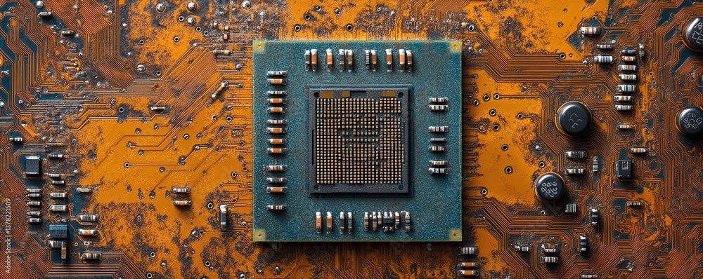 Poster Closeup integrated circuit microchip on motherboard, electronic component silicon wafer, digital tech CPU, central processor unit, future engineering design