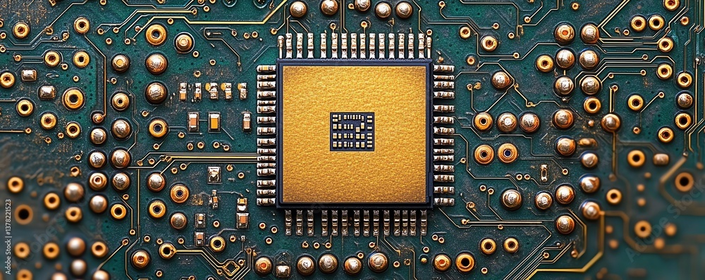 Poster Closeup integrated circuit microchip on motherboard, electronic component silicon wafer, digital tech CPU, central processor unit, future engineering design
