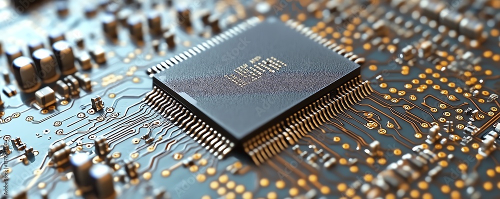 Poster Closeup integrated circuit microchip on motherboard, electronic component silicon wafer, digital tech CPU, central processor unit, future engineering design