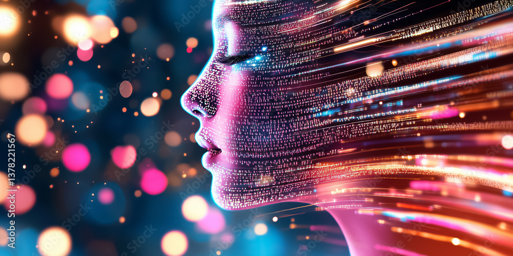 Poster Woman's profile illuminated by colorful light patterns and binary code. Abstract digital art setting with vibrant hues and flowing designs. Concept of technology, creativity, innovation