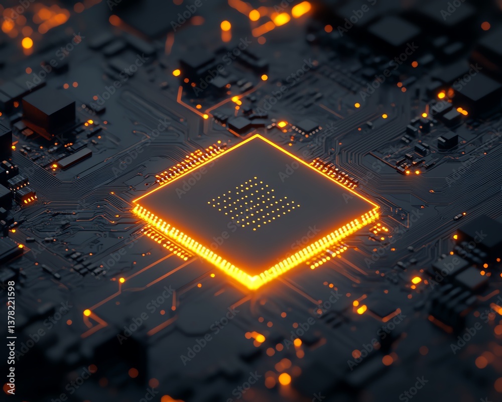 Poster Closeup integrated circuit microchip on motherboard, electronic component silicon wafer, digital tech CPU, central processor unit, future engineering design