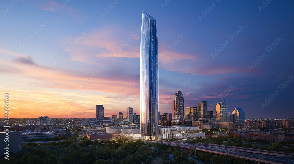 Fototapete A futuristic glass skyscraper reflecting the vibrant hues of a sunset