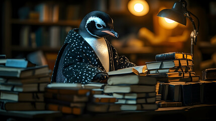 A penguin in a scholar robe, seated at a desk filled with academic books under bright lights
