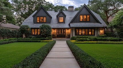 Charming luxury home with cozy accents suburban neighborhood real estate photography serene environment front view