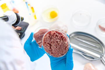 Examine meat in the laboratory. Selective focus.