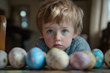 Fototapeta premium Cute child smiling on grass during colorful Easter egg hunt game with friends in spring holiday celebration, generative ai