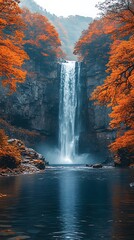 Scenic autumn waterfall forest with reflection high resolution hd image