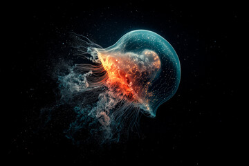 A bioluminescent jellyfish floating in the deep, delicate glowing tendrils captured in ultra-realistic macro detail, deep black background, National Geographic documentary photography