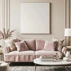Pink velvet sofa in elegant living room with blank canvas.