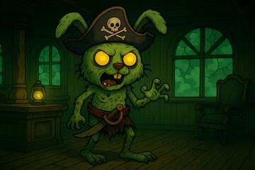 Cartoon Zombie Bunny Pirate with Glowing Eyes and Torn Pirate Hat in Haunted Ship Captain’s Cabin — Green-Furred Undead Bunny Surrounded by Cracked Windows, Eerie Shadows, and Glowing Green Fog