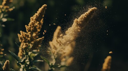 Delicate Plant Particles Floating in the Air, Creating a Misty Effect Against a Dark Green Background. Close-Up of Tiny Dust or Seeds Released from a Flower in Motion.