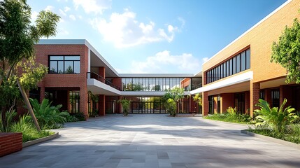 A modern brick school building with a central courtyard features lush landscaping and spacious glass walkways connecting two wings.