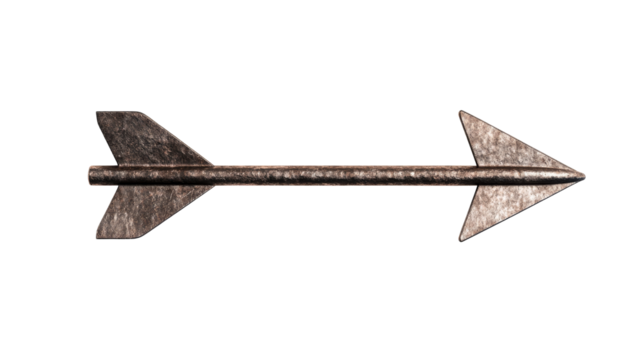 Ancient metal arrow with weathered texture, cut out transparent