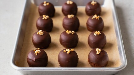 Decadent chocolate treats arranged in a baking tray, indulgent dessert