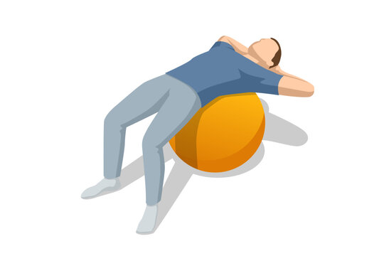 Isometric vector illustration of male patient independently performing back stretching exercises on fitness ball for spinal rehabilitation.