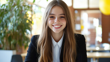 Fototapeta premium A cheerful female student in a classic school uniform, sitting upright at her desk in a modern classroom, her bright eyes and warm smile radiating confidence and positivity
