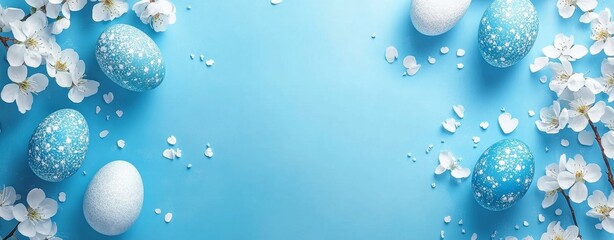 lue easter eggs and white cherry blossoms on bright blue background. Happy Easter concept.