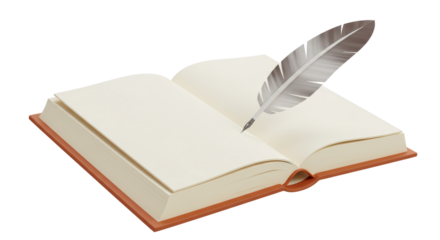 Isolated Open Book with Feather Quill Pen