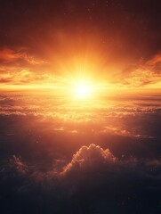 Fototapeta premium Golden Sunrise Over Clouds Sky Above the World Shining Light