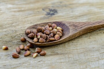 Pine Nuts on a Wooden Spoon Tiny pine nuts spilling from a wooden spoon onto a rustic kitchen surface