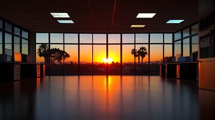 Fototapeta premium A stunning sunset view through expansive office illuminates a modern, empty workspace with sleek dark furniture and polished floors.