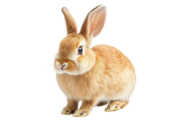 Cute brown rabbit with fluffy fur and alert ears facing forward, cut out