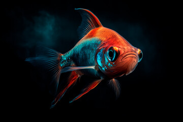 A neon tetra glowing in vibrant blue and red, delicate scales captured in extreme detail, soft studio lighting against a deep black background, hyperrealistic National Geographic portrait