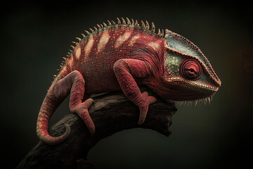 Fototapeta premium A panther chameleon displaying a full spectrum of vibrant colors, hyperrealistic scale textures, dramatic dark background, National Geographic macro reptile photography