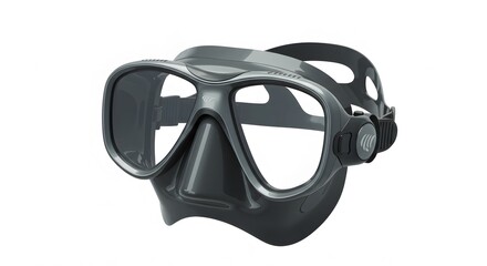 Dive Mask Detail: A close-up shot of a modern dive mask, showcasing its sleek design and focusing on the functional aspects and rugged materials designed for underwater exploration.