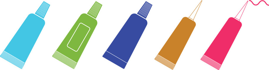 Tube, container, toothpaste, cream icon set. Cosmetic ointment plastic, hand cream packaging vector template isolated background. Adhesive superglue gel tube, eye lash glue package blank, long.