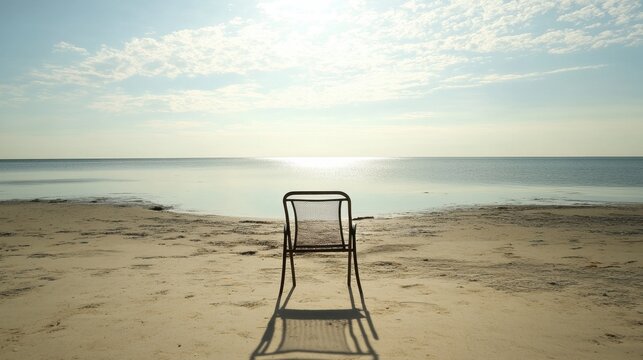 A single beach chair casting a shadow on the sand, framed by a scenic ocean backdrop.