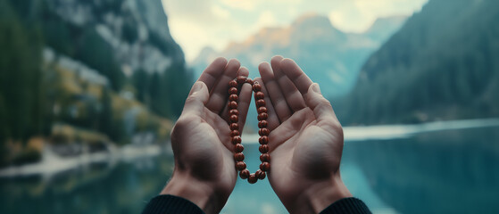close-up to human hands with rosary on the top of mountain; concept of faith, god, beauty of nature, worship; simple yet eye-catching religious background