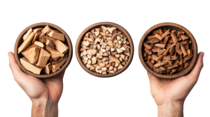 Variety of Wooden Bowls with Different Kinds of Wood, cut out transparent