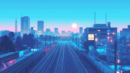 Naklejka premium レトロアニメ風の夜の都市鉄道シーン｜満月に照らされた線路と架線が幻想的に交差する1980年代風イラスト素材｜ノスタルジックで美しいネオン都市背景｜高画質