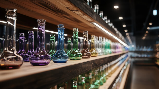 A row of colorful glass bongs in a dimly lit store, the shelves made from reclaimed wood, with a faint light highlighting the translucent glass and intricate patterns
