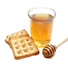 Fresh honey and toasted biscuits served on a clean white background for a delightful snack experience, Fresh honey with toast biscuit on a white background