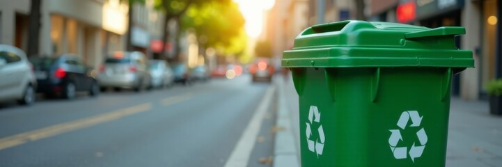 Green recycling bin with empty space on a city street , ecofriendly, urban
