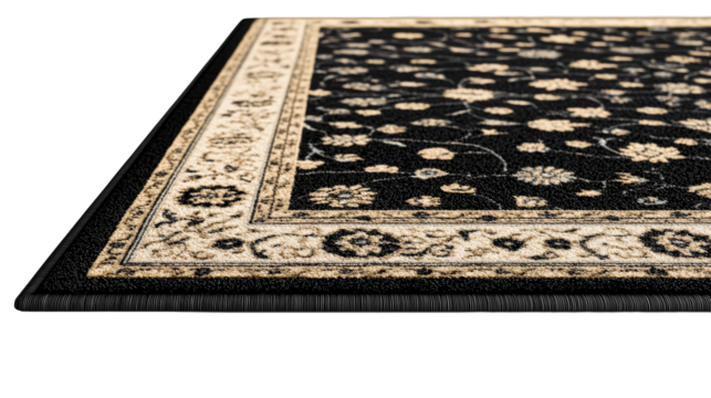 Elegant floral rug with black background, cut out transparent