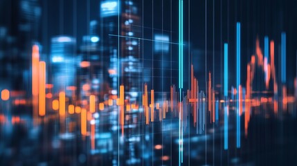 Abstract Cityscape Night Lights Financial Data Visualization Modern Technology Background Digital Orange Blue Neon Glowing Lines Graphic Design       